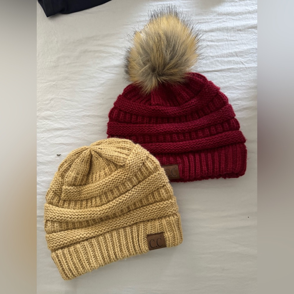 2 CC Knit Beanies with Pom Pom and without